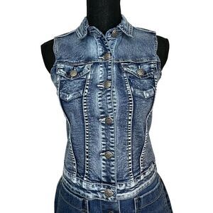 SILVER Jeans Medium Wash Button Front Stretch Denim Vest Side Large 12